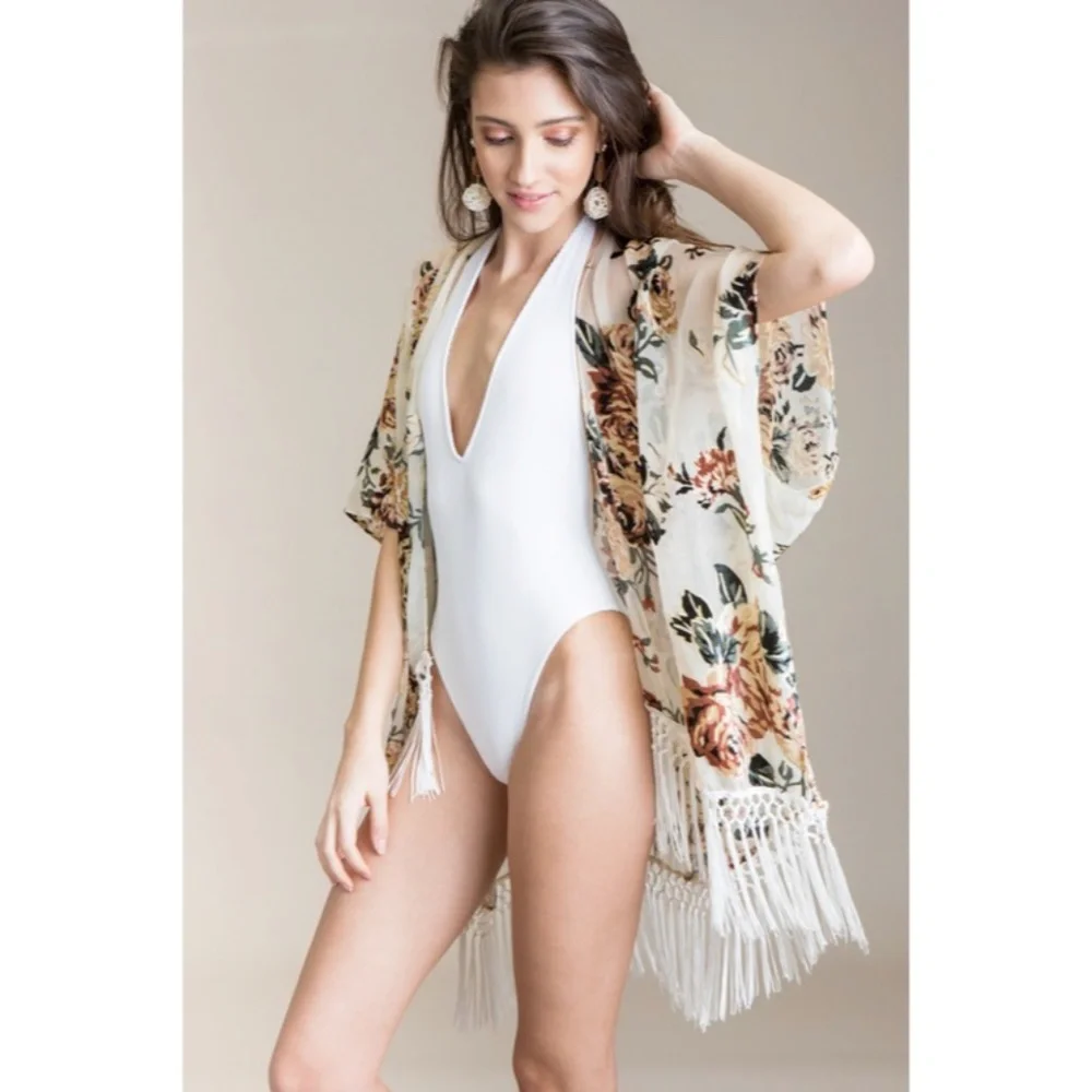 Maya Island Velvet Floral Macrame Tassel Fringe Kimono Cream Coverup Wrap - Picture 5 of 7